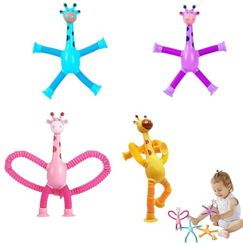 Vexquivera 4 PCS Telescopic Suction Cup Giraffe Toy,Cartoon Telescopic Suction Cup Giraffe Toy Tubes Toy Giraffe Educational Stress Relief Tubes Toy Fun Parent-Child Interaction Puzzle Toys
