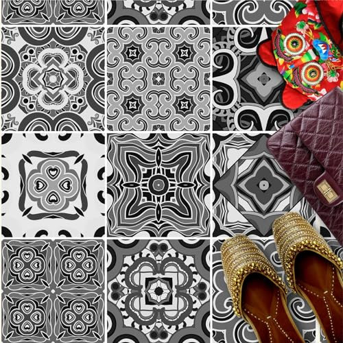 HUBDECO - Fliesenaufkleber - Küche, Badezimmer Deko - Klebefliesen - Bodenfliesen - Klebefolie Küche - Boden Schutzmatte - Selbstklebende Fliesen - 9 Stk. - Patchwork Schwarz Weiß - 20x20cm
