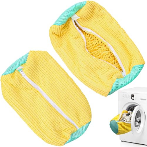 Sac de Lavage Chaussures Machine - Fibres Fluffy 360° Nettoyage, Fermeture Éclair Cachée, Réutilisable, Sacs à Linge Chaussures Réutilisables, Chaussures Portable pour Laver Baskets, JauneJaune