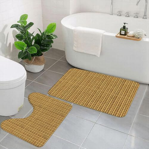 EYLOZS Lot de 2 Tapis de Bain et Tapis de Toilette antidérapants Super absorbants - Lavable en Machine - pour Salle de Bain - Branche Rush Rotin Canne Beige Paille Rotang Osier Bambou Motif Design