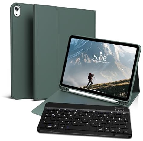 GKABXY Hülle mit Tastatur für iPad Air 11 Zoll (M4/M3/M2) 2026/2025/2024, iPad Air 5./4. generation 2022/2020 10,9 Zoll, magnetisch Abnehmbare Folio Bluetooth Tastatur hülle mit Stifthalter, Nachtgrün