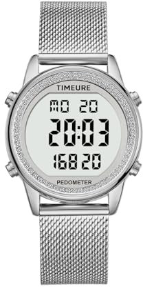 TIMEURE Damen Schrittzähler Uhr, Stilvolles Design, gut ablesbar, Kalorien, Schritte, Kilometerstand, Countdown und Alarm auf, mit Hintergrundbeleuchtung, TU-2401(Silber mit Diamanten)