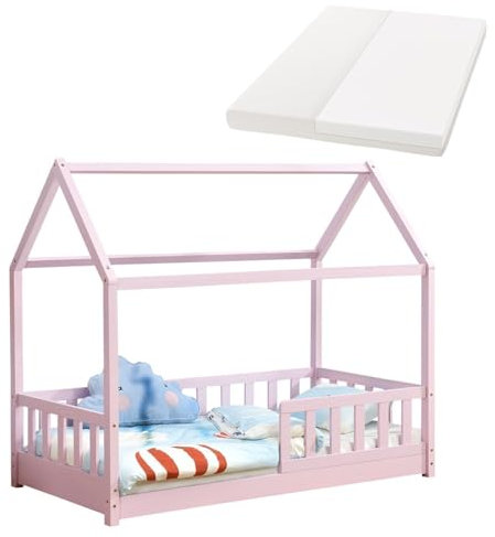 Juskys Kinderbett Marli 80 x 160 cm mit Matratze, Rausfallschutz, Lattenrost & Dach - Massivholz Hausbett für Kinder - Bett in Rosa