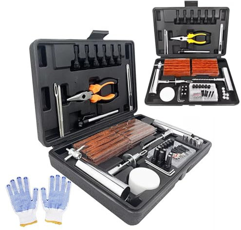 NOOGUI - Kit Riparazione Pneumatici Auto - Kit Foratura Moto - Riparazioni in 15 Minuti - Include 117 Pezzi con Stoppini, Attrezzi a T, Valvole e Pinze - Kit Riparazione Gomme