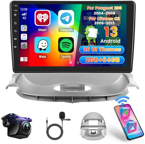 Hikity 2G 64G Android Für Peugeot 206 2004-2008/Citroen C2 2006-2013 Mit Wireless CarPlay Android Auto Mirror Link, 9 Zoll Touchscreen Radio GPS mit Bluetooth WiFi EQ FM RDS SWC Rückfahrkamera