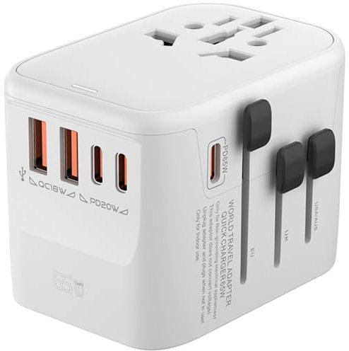 QENEQ 65W GaN Adaptateur de Voyage Universel Adaptateur Prise Universelle PD avec 2 USB et 3 USB C Adaptateur Universel France vers USA UK Allemagne Australie Chine Japon（Blanc）