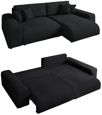 Modernes Cord Ecksofa B255/H165/T84 cm mit Schlaffunktion und Bettkasten, Wellenunterfederung, L-Couch links oder rechts montierbar, Liegefläche 148x196 cm, Cord-Bezug in Schwarz/ 21008