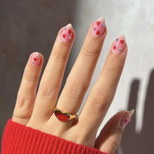 SXVME False Nails Short Almond, White Pink Press On Nails With Cute Heart Desgin, Glitter Charms Full Cover Oval Fake Nails Blush Pink Stick on Nails For Women 24 Pcs
