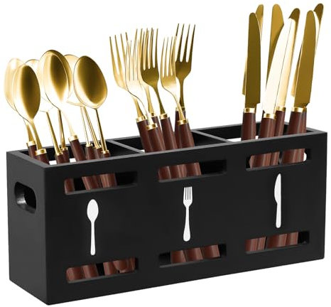 3 Teilig Besteckkasten aus Holz Metall, Besteckhalter Besteckkorb, Besteck Organizer Küchenutensilienhalter für Küche Besteckständer, Esstischdeko Besteckbehälter Küchenorganizer, 25.5*8.7cm (Schwarz)
