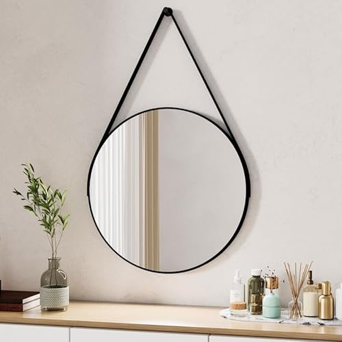 Boromal Spiegel Schwarz 40cm Rund Spiegel mit Riemen Badezimmerspiegel Badspiegel Hängespiegel Schminkspiegel Kosmetikspiegel Wandspiegel Schwarz für Badezimmer, Waschräume, Schlafzimmer