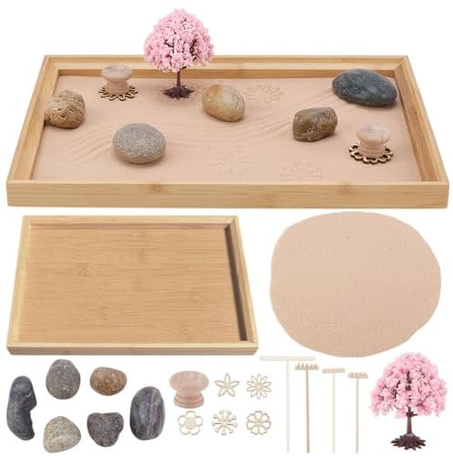 WEBEEDY Desktop Zen Sand Garden for Office,Japanese Zen Garden Decor Desktop Tabletop Sandbox with Sand Stones Meditation Accessories Decoration Gift,28x19cm Wooden Rectangular Tray