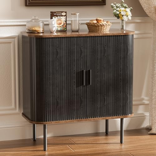 FiveWillowise Sideboard, Buffet Storage Cabinet for Living Room, Kitchen Cupboard with Tambour Sliding Door, Storage Unit for Modern Home Dinning Room,Black