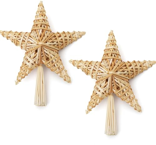 SALCAR 2 stück Christbaumstern aus Stroh, 25CM Strohsterne Christbaumkronenstern, handgemachter natürlicher Schmuck für Christbäume