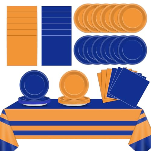 Blue and Orange Party Decorations Orange and Blue Paper Plates and Napkins Plastic Tablecloth Dart War Party Supplies Birthday Decorations Disposable Tableware Set for Baby Shower Graduation Serves 24