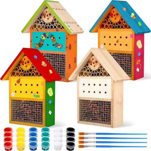 Leinuosen 4 Set Bug Hotel Kit, Holz DIY Zedernhandwerk zum Bauen von Biene, Hängendes Insektenhotel für Biene, Schmetterling, Marienkäfer, Nützlicher Insektenlebensraum, Pädagogisches Kit für