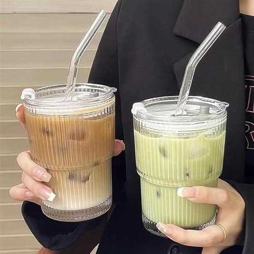 DARENYI 2Pcs Iced Coffee Cup 400ml Glass Cups with Iids and Straws for Iced Coffee, Milk Tea, Milkshakes, Cocktails, Tea, Smoothies