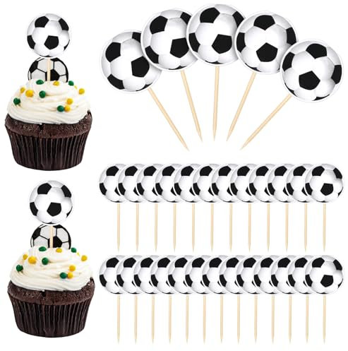 30 Pcs Soccer Ball Cupcake Toppers, Sports Theme Football Cupcake Picks Baby Shower Cake Decorations for Sport Balls Theme Birthday Party Decorations