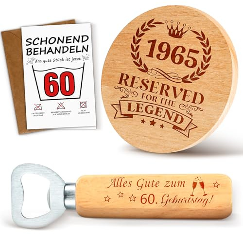 TUZELIYA 1965 Geschenk 60 Geburtstag Mann Untersetzer Holz mit Flaschenöffner und Geburtstagskarte - Personalisierte 60. Geburtstagsgeschenk Geschenke für Papa Ehemann Opa