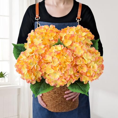 JINWOE Ortensie Artificiali in Seta, 5 Pezzi 50 cm Grandi Ortensie Artificiali in Seta Realistiche, Fiori Finti Completi per Bouquet Centrotavola da Tavolo Matrimonio Interno Casa (Giallo e Arancione)