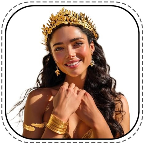 Evlry 4 Stück Griechische Göttin Kostüm Zubehör Set Hochzeit Brautschmuck Goldene Lorbeerblatt Krone Stirnband Oberarmreif Armband Ohrringe Schmuck für Frauen