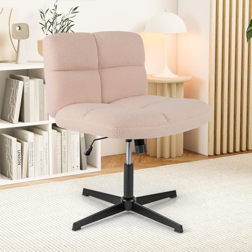 COSTWAY Fauteuil de Salon Pivotante en Imitation Laine d'agneau, Rose | Chaise de Bureau avec Assise Large et Réglable en Hauteur, Pieds Croisés en Métal, Charge 160 kg, pour Chambre