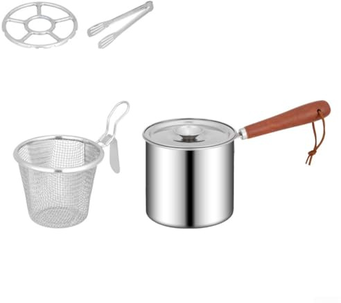 SageFurned Stainless Steel Frying Pan with Wooden Handle and Glass Lid 12 cm Deep Fryer Pot with Strainer Basket for Oil Draining(A)