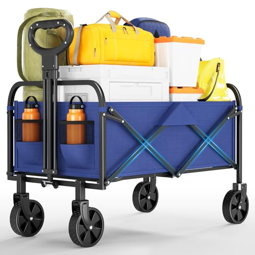 Bollerwagen faltbar 100L, wasserabweisender Strandwagen bis 100KG belastbar, klappbarer Handwagen mit 360°drehbaren Rädern für jedes Gelände, ideal für Camping, Picknick, Einkaufen & Garten Blau