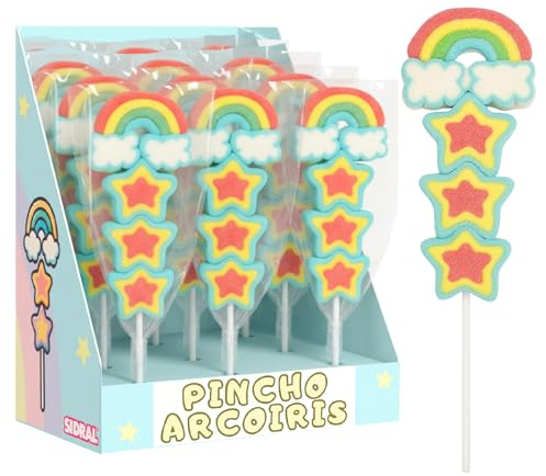 SIDRAL .16 Pinchos Marshmallow Sabor Fresa (45 g)– Piruletas, Chuches San Valentín, Kit de Chuches Sin Gluten, Regalos Parejas (ARCO IRIS)