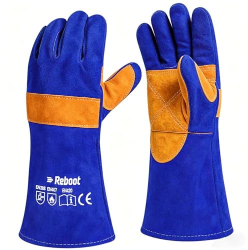 Reboot Guantes de Soldadura, Cuero Resistente 500°C, Protección Antebrazo 38 cm, Costuras Dobles Reforzadas para MIG TIG Electrodo Barbacoa Forja – Azul