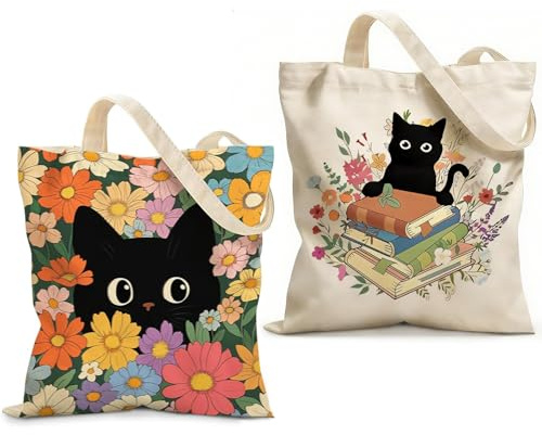 LZYDKH Stoffbeutel Bedruckt, 2 Stück Canvas Tote Bag Stoffbeutel Schwarze Katzen Stofftasche Aesthetic Schwarze Katzen Stofftasche Einkaufstasche mit Druckknopfverschluss und Innentasche
