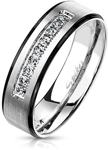Bungsa 49 (15.6) Partnerringe zweifarbig Silber-schwarz mit 9 Kristallen in 316L Edelstahl