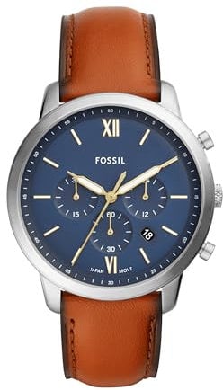 Fossil Neutra uhr für Herren, Chronographenwerk mit Edelstahl- oder Lederarmband, Blau und Braun, 44MM