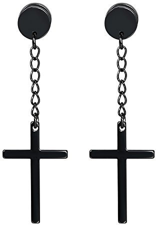 JewelryWe Schmuck Kreuz Ohrringe Edelstahl Fakeplugs Fake Plug Tunnel Ohrstecker Ohrhänger Ohr-Piercings mit Baumelnde Kruzifix Anhänger für Herren Damen, Schwarz