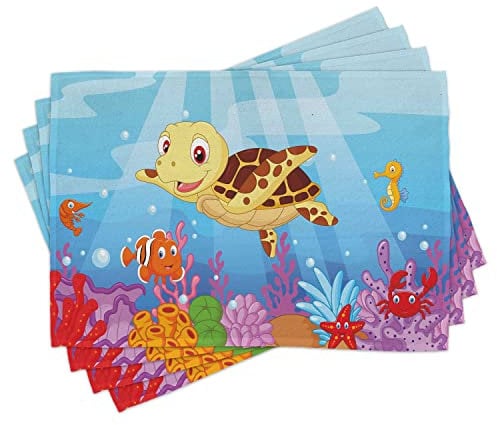 ABAKUHAUS Schildkröte Platzmatten, Lustige entzückende Cartoon-Art-Unterwassermeerestier-Baby-Schildkröte und Fisch-Sammlung, Tiscjdeco aus Farbfesten Stoff für das Esszimmer und Küch, Blau Mehrfarbig