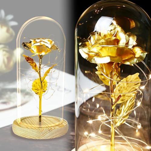 TINYOUTH 24K Golden Rose in Glass Dome, Gold Plated Light Up Flowers Batteries Included Rose Gifts for Women/Her/Mum Wedding Anniversary Valentines Birthday Xmas