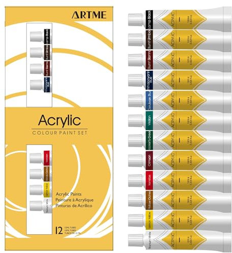 Artme Juego De Pintura Acrílica 12 Tubos De Colores (12ml) De Primera Calidad Para Estudiantes Y Artistas, Tonos Ricos, Compacto, Fácil De Usar, No Tóxico