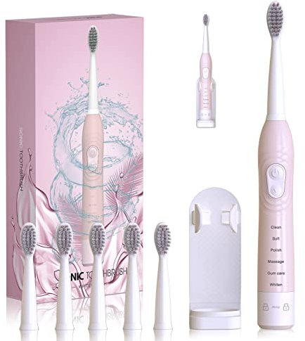 Cepillo de dientes eléctrico sónico para hombres y mujeres, cepillo de dientes recargable para adultos con recordatorio de 30 segundos, temporizador de 2 minutos, 6 modos, 6 cabezales de cepillo