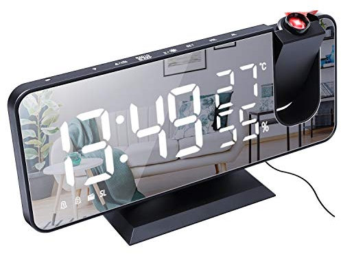 ND Projection Digital Alarm Clock with FM Radio,180° Projector,7'' LED Mirror Screen Big Digit,Auto Dimmer With USB Phone Charger,Dual Alarms Snooze,Small Desk Alarm Clock For Bedroom,Kids (Black)