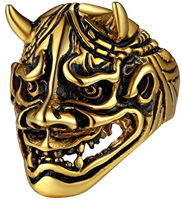U7 18k Vergoldet Prajna Maske Ring für Männer - Retro Gotik Japanische Dämon Samurai Großer Fingerring, Modeschmuck für Halloween (Größe 62)