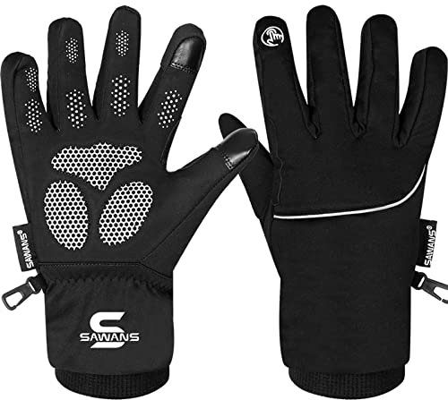 SAWANS Thinsulate Thermo-Winterhandschuhe, wasserdicht, Winddicht, Touchscreen, Ski, MTB, rutschfest, Radfahren, Snowboarden, gepolsterte Handflächen, Mountainbike-Fäustlinge (Schwarz, M)