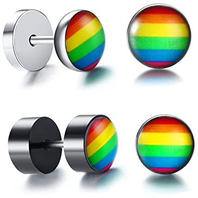 Flongo LGBT Ohrstecker Ohrringe Gestüt Ohrhänger Gummi Kautschuk Silber Spitze Stecker Plug Taper Regenbogen Streifen Gay Pride Schwul Homosexual Homosexuell