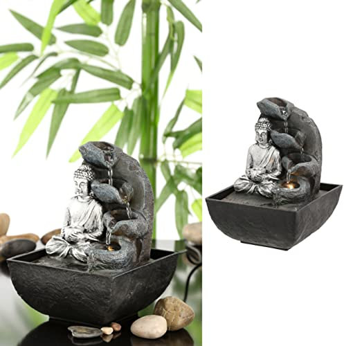 Zimmerbrunnen Buddhafigur mit Beleuchtung │13,3x17cm LED warmweiß Steinoptik │Feng Shui Design │Springbrunnen mit Pumpe (1 x LED Brunnen Design11)