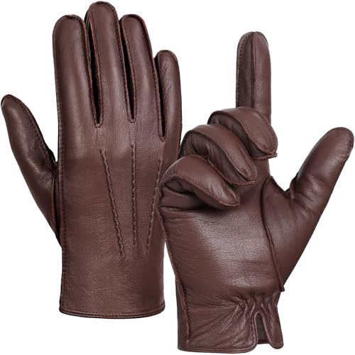 GSG SINCE 1998 Chromfrei Lederhandschuhe für Herren mit Futter Winterhandschuhe mit warmem Wollfutter Touchscreen Schaffellhandschuhe zum Autofahren Braun S