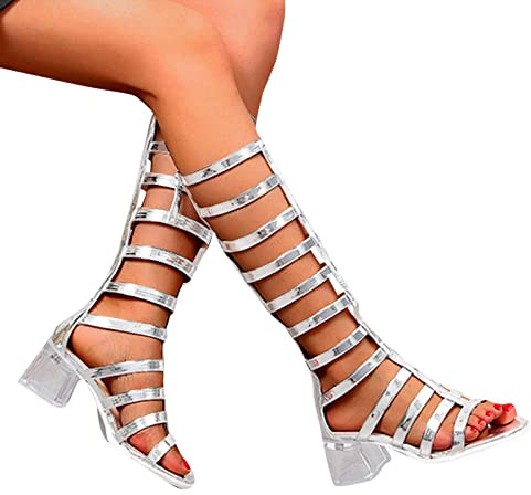 Hbeylia Sandals for Women Dressy Summer Fashion Womens Open Toe Lace Up Gladiator Over The Knee Thigh High Strappy Caged Flat Sandal Boot Stacked Transparent Heel Roman Boots