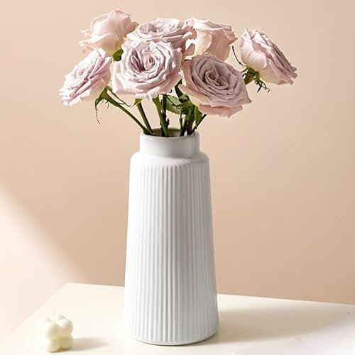 Keramik Vase Weiß – Blumenvase für Pampasgras Blumen, Deko Vase 25cm hoch, Gerippte Aesthetic Vasen Weiss für Deko Home Esszimmer Wohnzimmer Wohnung