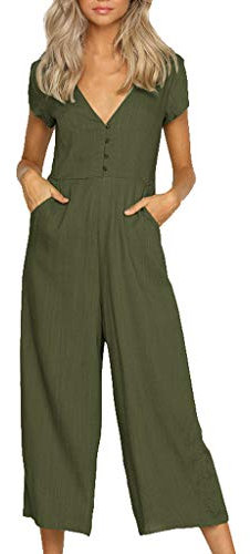 Jumpsuit V-neck Color Short-sleeved Solid Women Casual Cotton Women's Jumpsuit Hammer Jumpsuit (Green, XL)