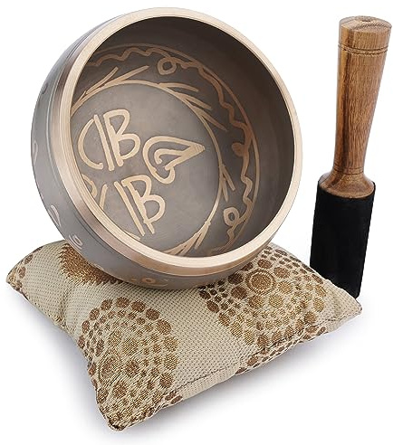 Ajuny Tibetische Klangschale 4 Zoll mit Stab & Kissen Buddha Augen | Handgefertigte Messing Klangschale ideal für Meditation Yoga Chakra-Arbeit und entspannenden Stressabbau