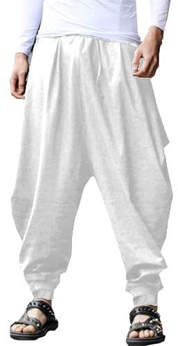 YAOHUOLE Pantalon Harem Homme Pantalon Sarouel Homme Pantalon en Lin Homme Blanc 2XL