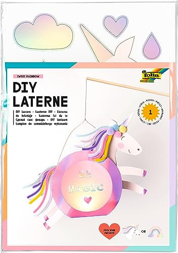 folia 94202 - Laternen Bastelset SWEET RAINBOW, ca. 10 x 23 x 33 cm - Bastelmaterial für eine Laterne, gestaltbar als Einhorn oder Regenbogen