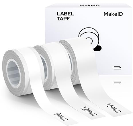 MakeID Etikettenband Kompatibel für L1/ Q1/ E1 Selbstklebendes Kunststoff als Schriftbänder 1 x 16mm Weiß+ 1 x 12mm Weiß+ 1 x 9mm Weiß